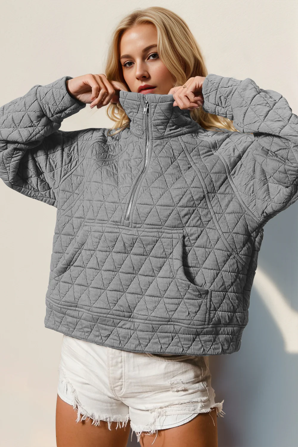Double Take Half Zip Long Sleeve Quilted Sweatshirt with Pocket - Image 3