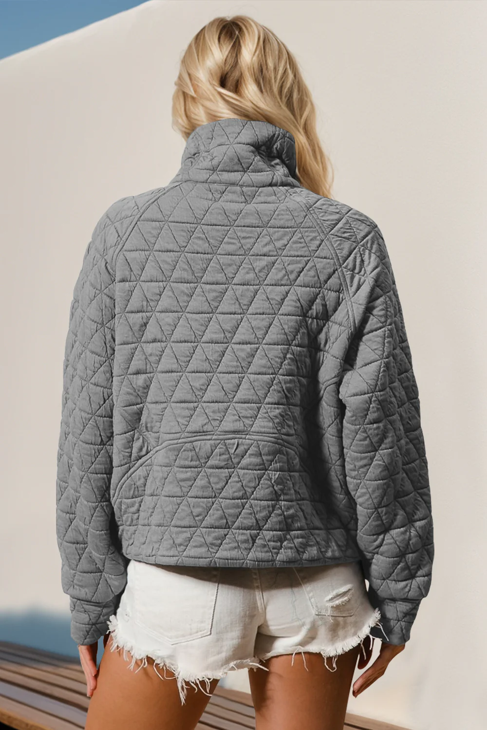 Double Take Half Zip Long Sleeve Quilted Sweatshirt with Pocket - Image 4