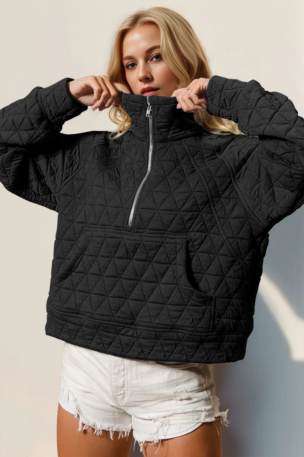 Double Take Half Zip Long Sleeve Quilted Sweatshirt with Pocket - Image 5