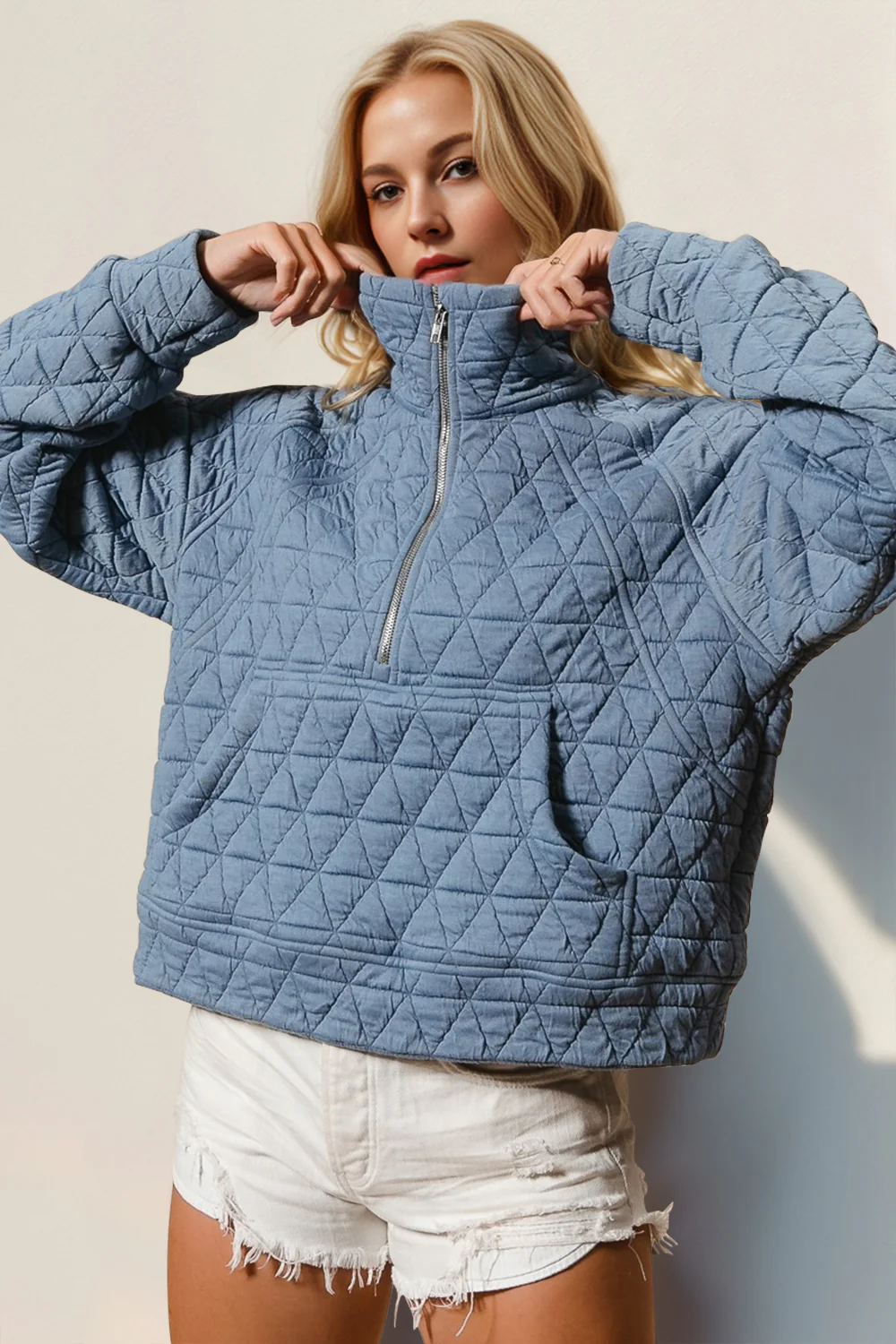 Double Take Half Zip Long Sleeve Quilted Sweatshirt with Pocket - Image 7