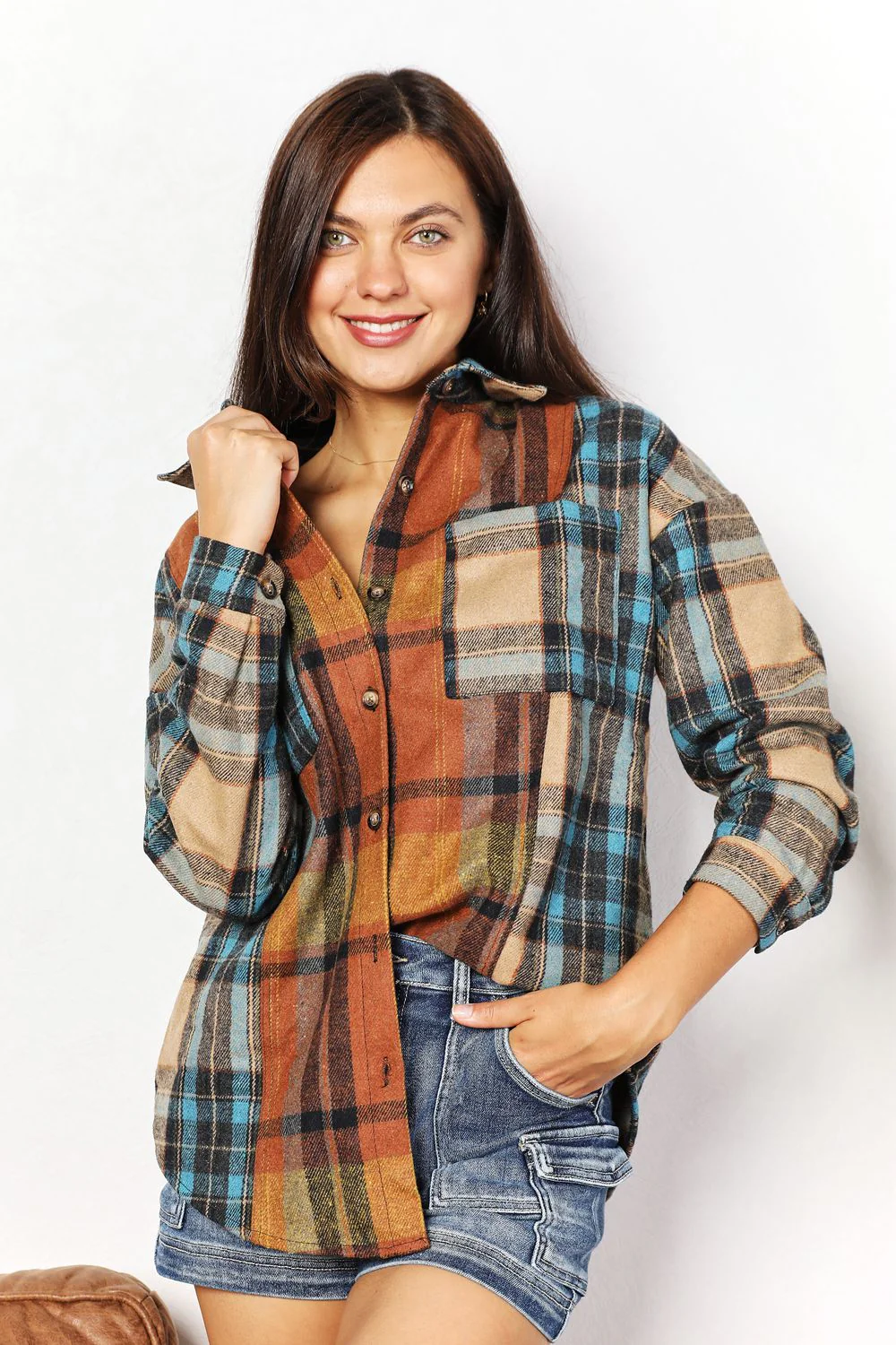 Double Take Plaid Curved Hem Shirt Jacket with Breast Pockets - Image 3