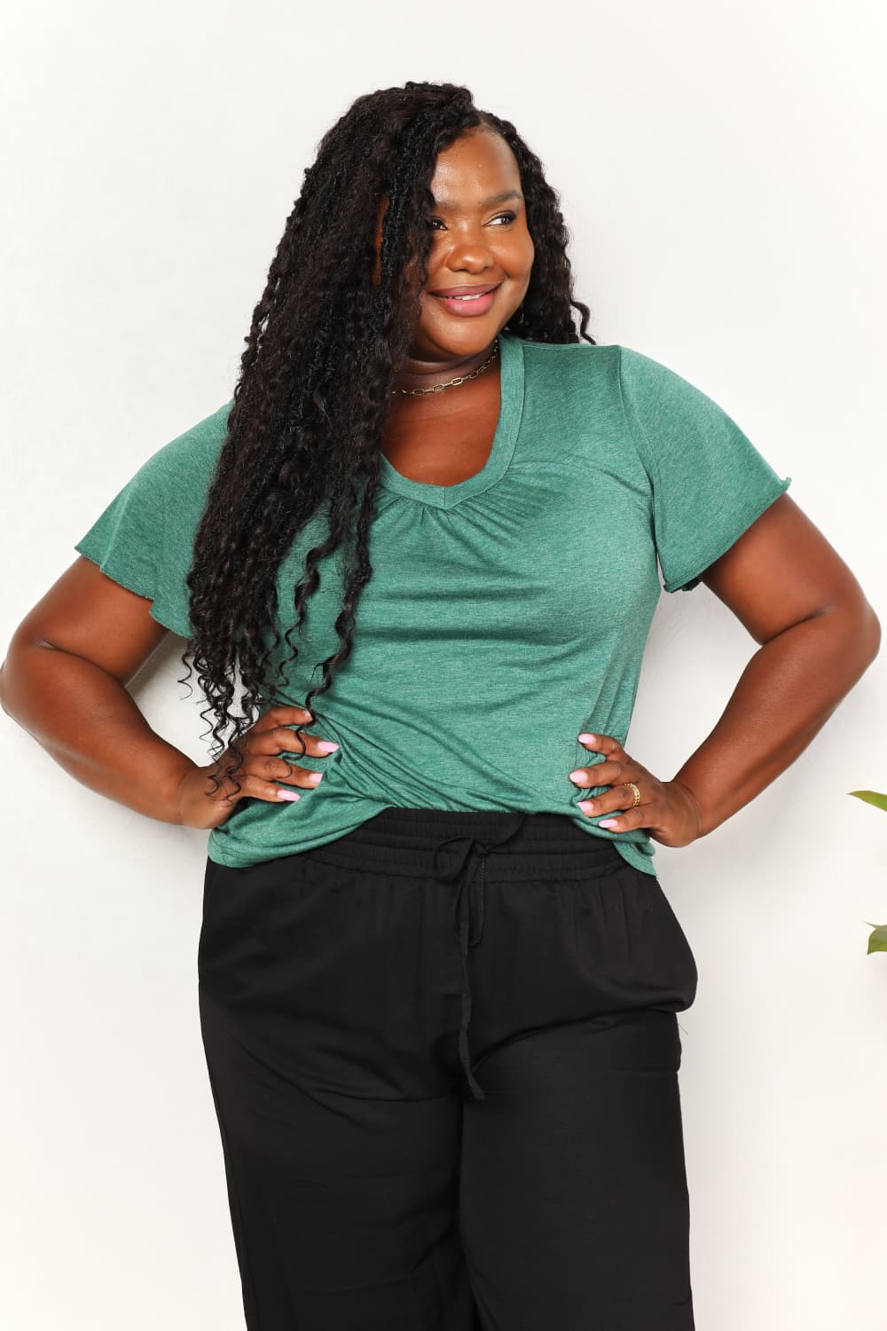 Double Take Ruched V-Neck Short Sleeve T-Shirt - Image 12