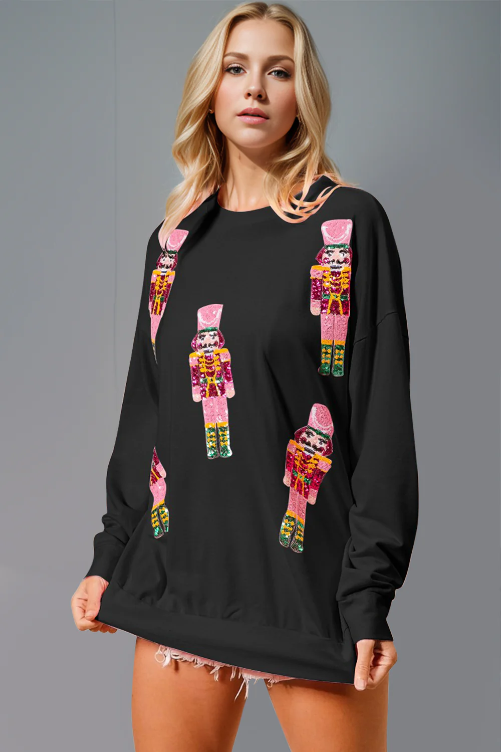 Double Take Sequin Nutcracker Round Neck Long Sleeve Sweatshirt - Image 3