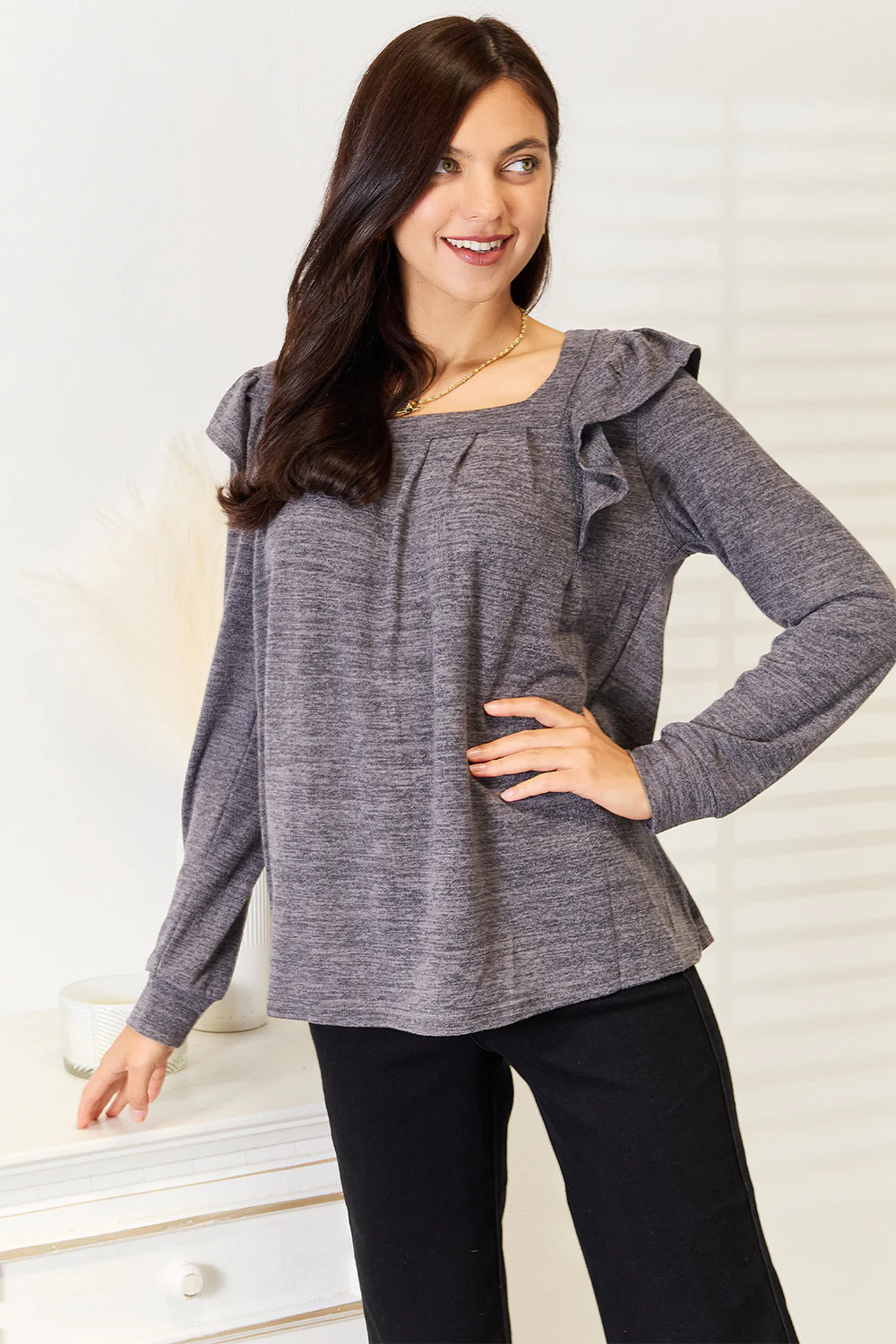 Double Take Square Neck Ruffle Shoulder Long Sleeve T-Shirt - Image 14