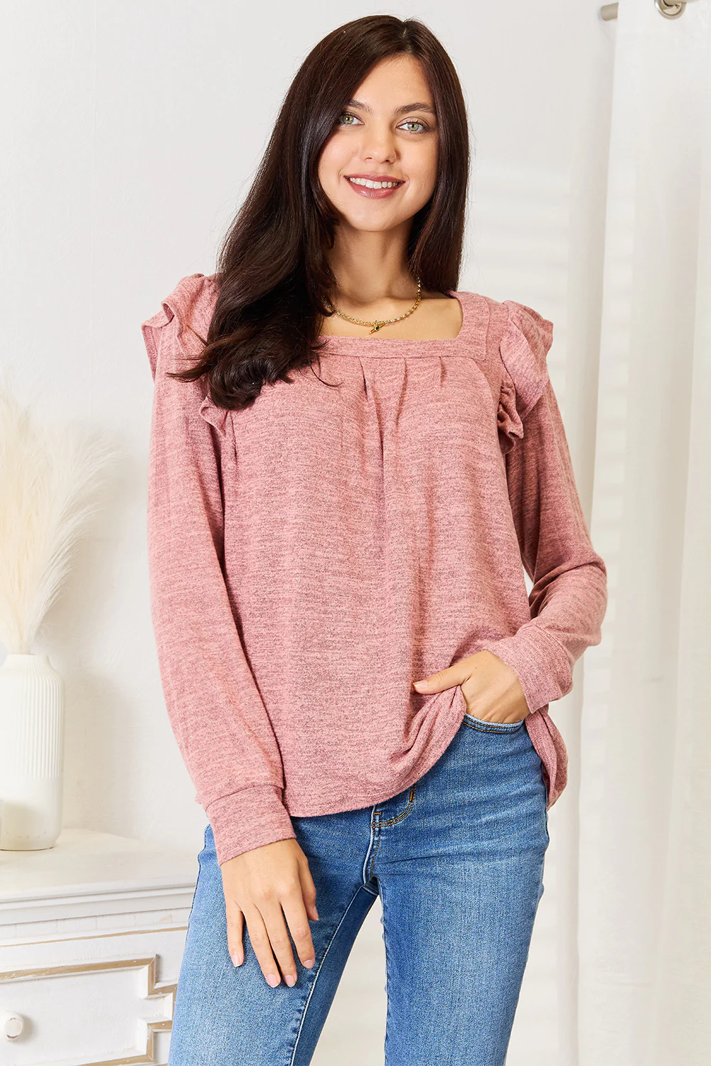 Double Take Square Neck Ruffle Shoulder Long Sleeve T-Shirt - Image 5