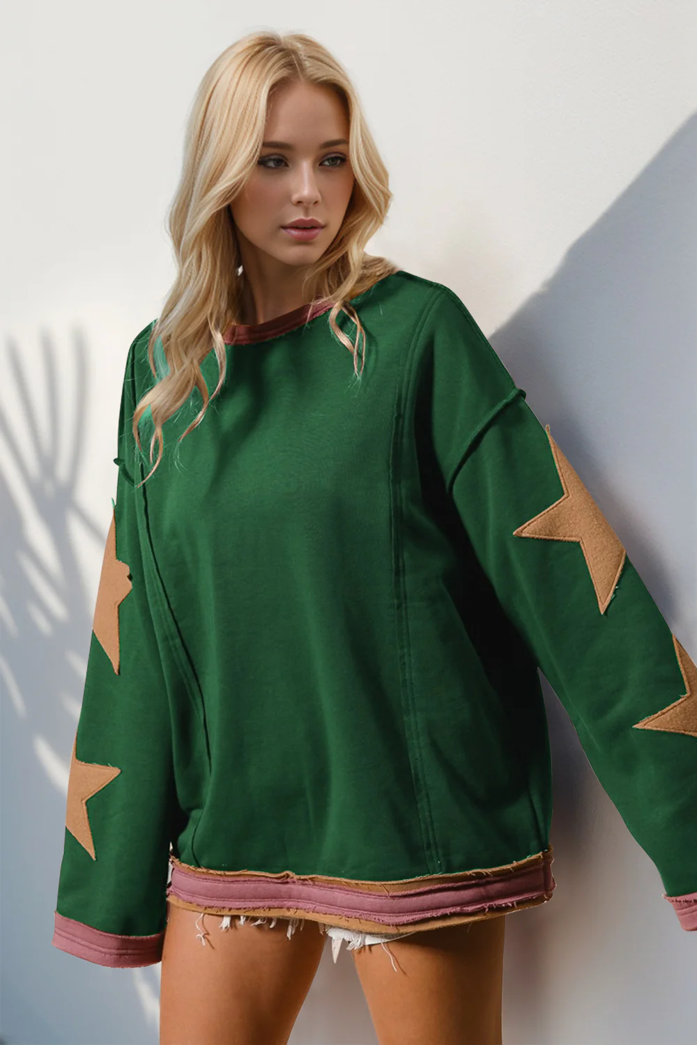 Double Take Star Patched Long Sleeve Sweatshirt - Image 5