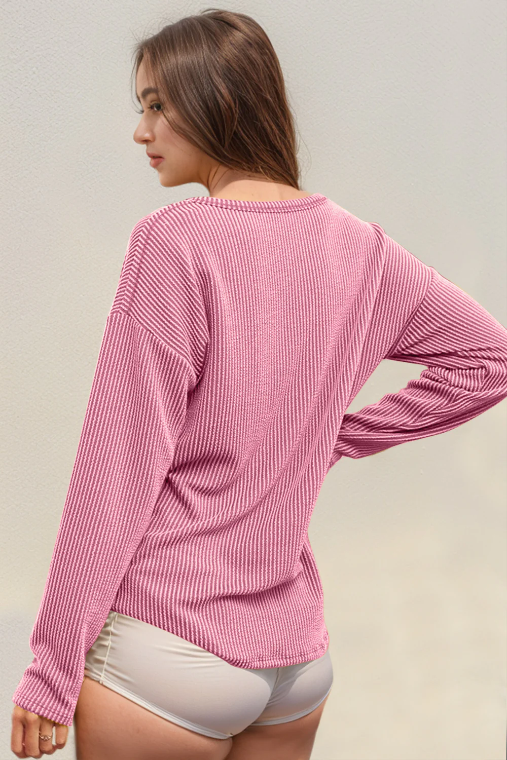 Double Take Striped Notched Long Sleeve T-Shirt - Image 6