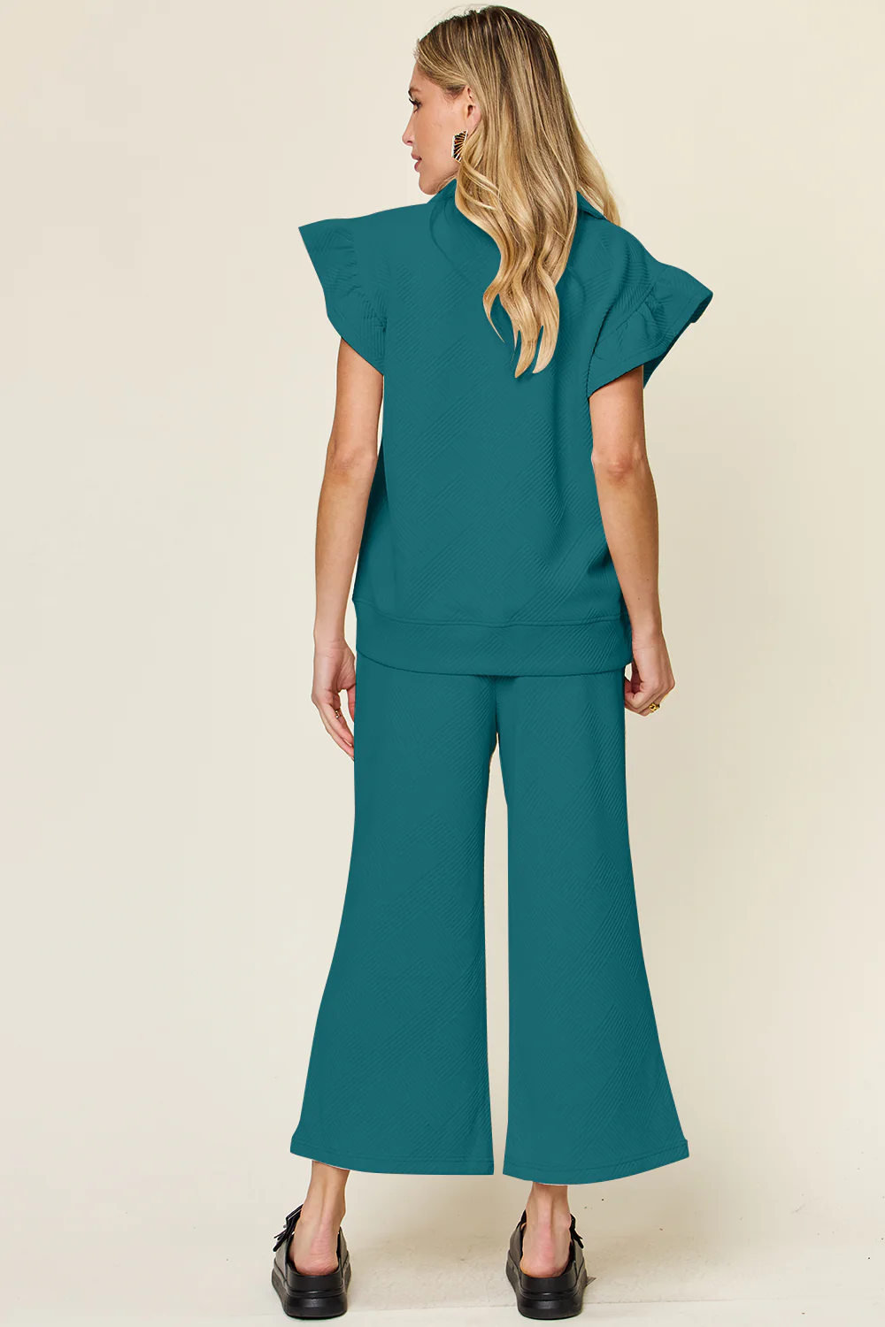 Double Take Texture Ruffle Short Sleeve Top and Drawstring Wide Leg Pants Set - Image 16