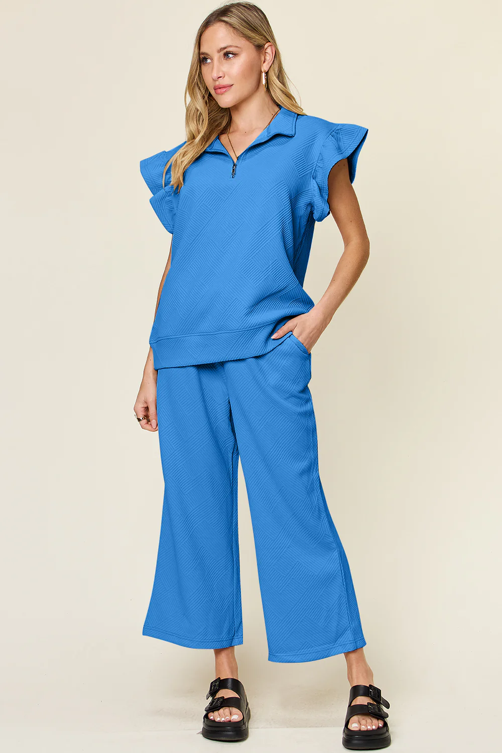 Double Take Texture Ruffle Short Sleeve Top and Drawstring Wide Leg Pants Set - Image 41
