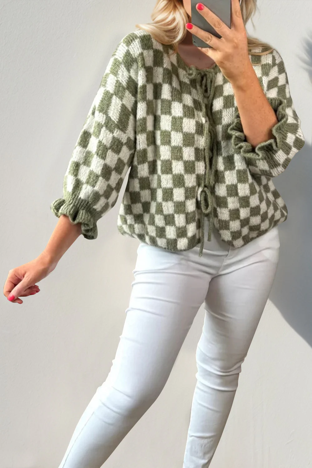 Double Take Tied Checkered Dropped Shoulder Flounce Sleeve Cardigan - Image 10