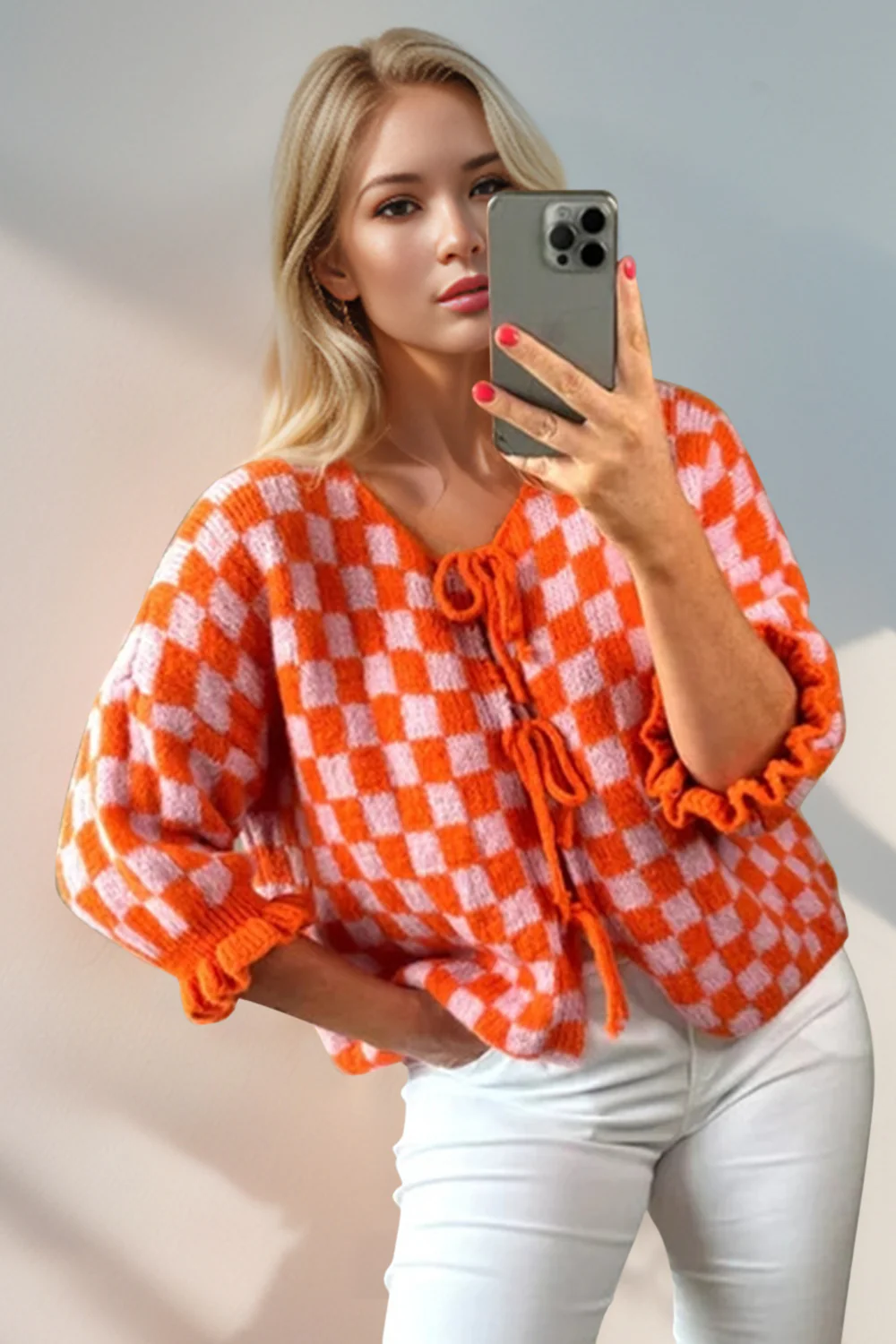 Double Take Tied Checkered Dropped Shoulder Flounce Sleeve Cardigan - Image 11