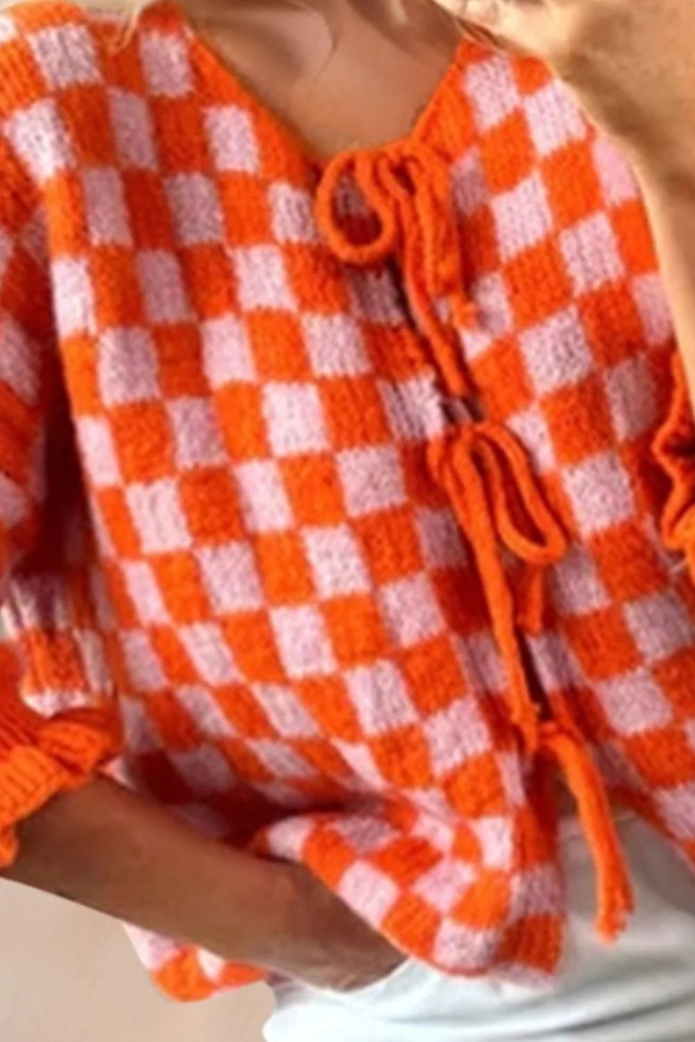 Double Take Tied Checkered Dropped Shoulder Flounce Sleeve Cardigan - Image 13