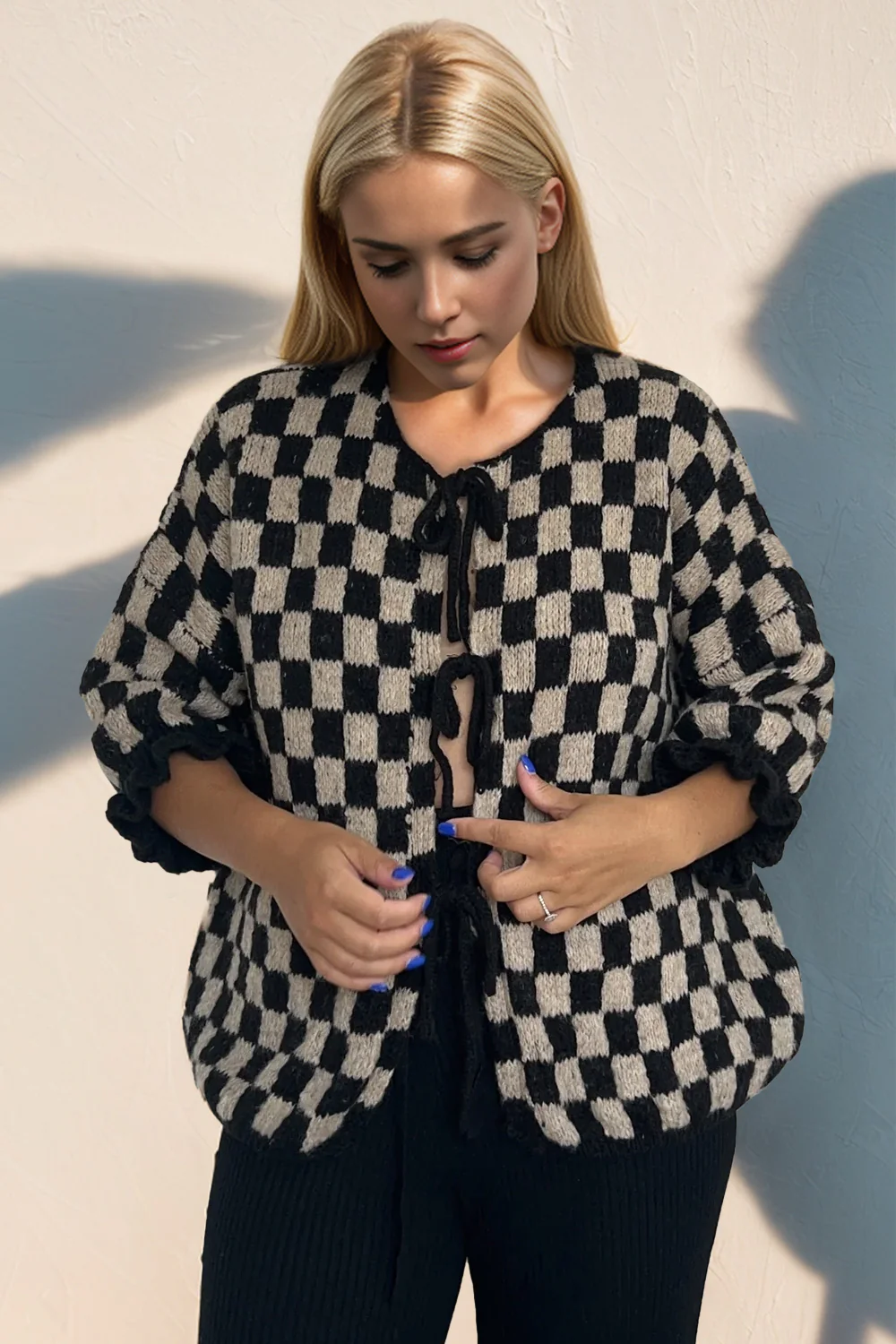 Double Take Tied Checkered Dropped Shoulder Flounce Sleeve Cardigan - Image 14