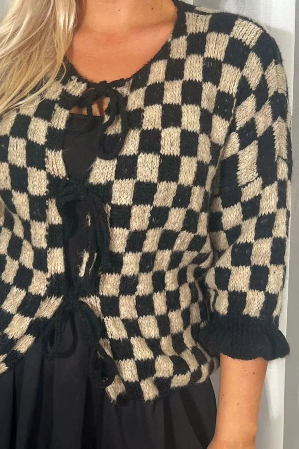 Double Take Tied Checkered Dropped Shoulder Flounce Sleeve Cardigan - Image 15