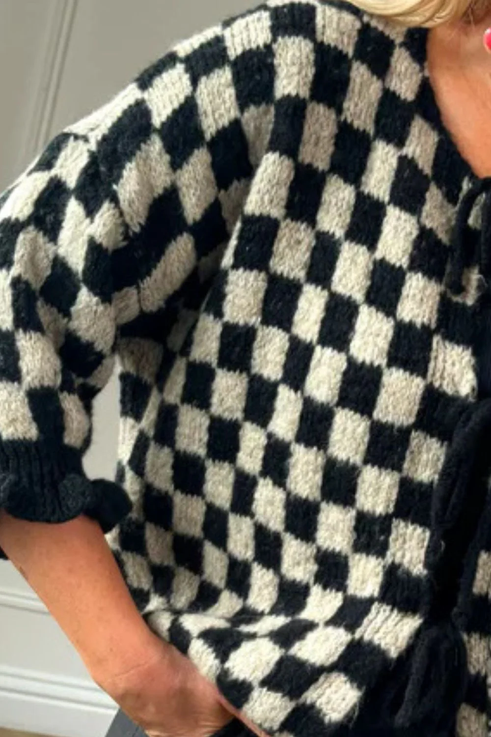 Double Take Tied Checkered Dropped Shoulder Flounce Sleeve Cardigan - Image 16