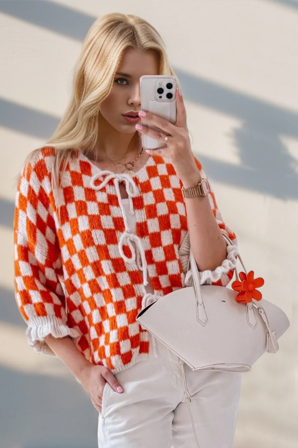 Double Take Tied Checkered Dropped Shoulder Flounce Sleeve Cardigan - Image 17
