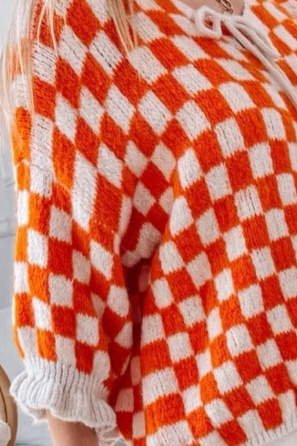 Double Take Tied Checkered Dropped Shoulder Flounce Sleeve Cardigan - Image 18
