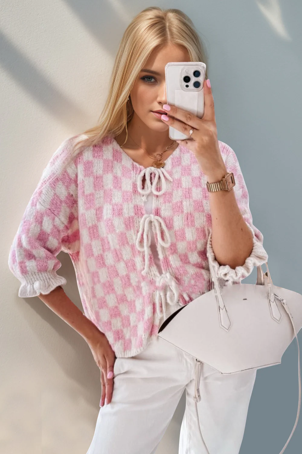 Double Take Tied Checkered Dropped Shoulder Flounce Sleeve Cardigan - Image 21