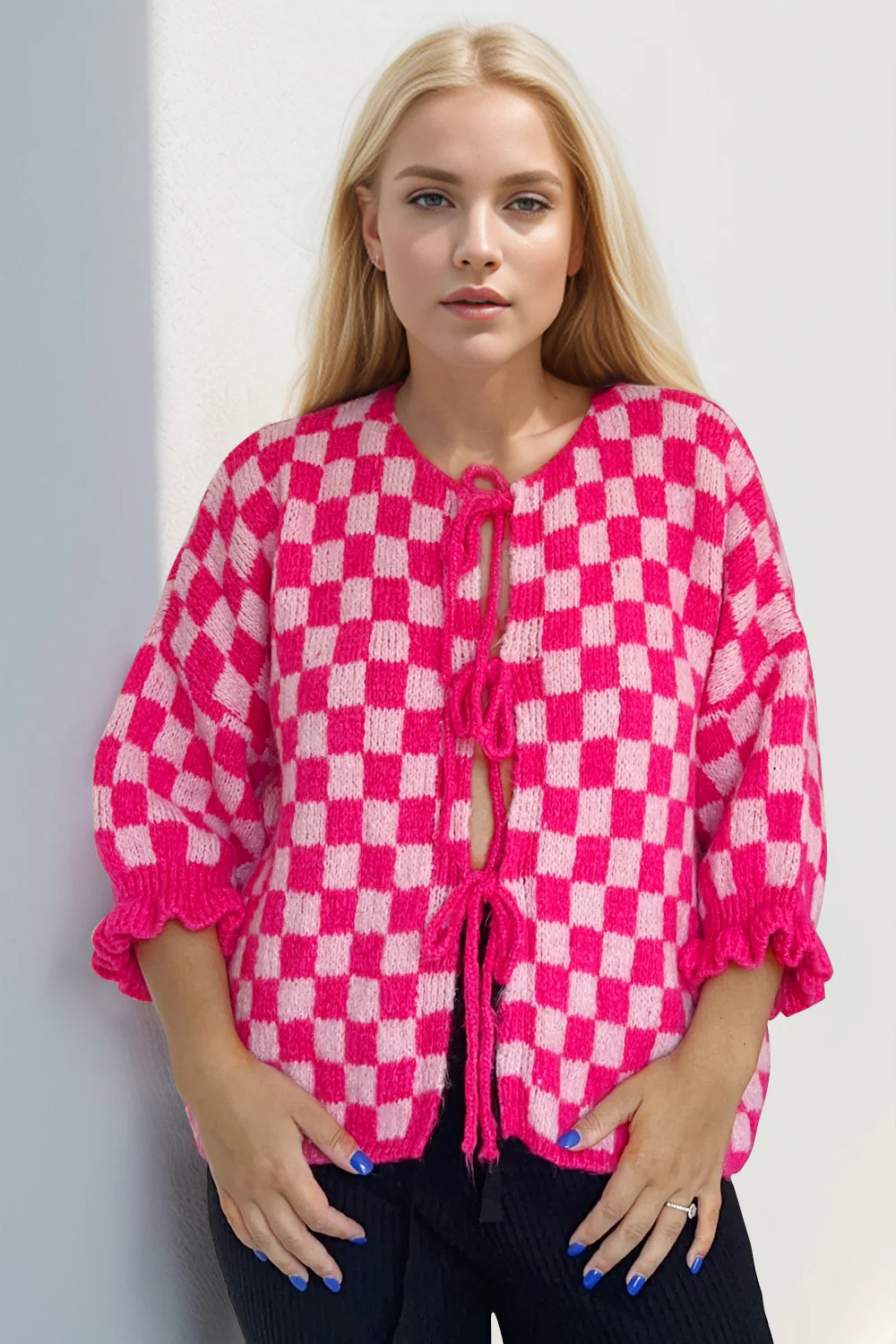 Double Take Tied Checkered Dropped Shoulder Flounce Sleeve Cardigan - Image 3