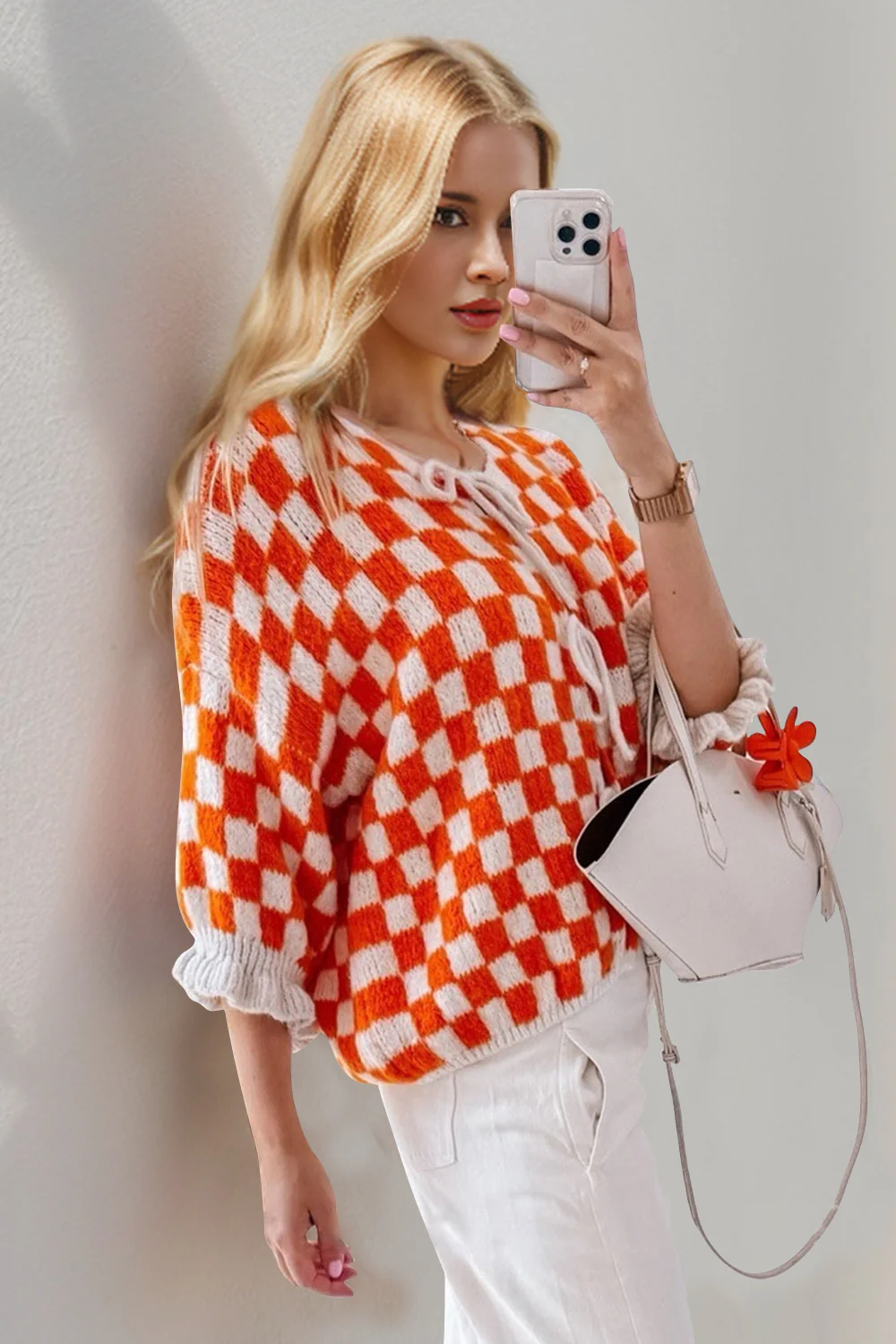 Double Take Tied Checkered Dropped Shoulder Flounce Sleeve Cardigan - Image 4