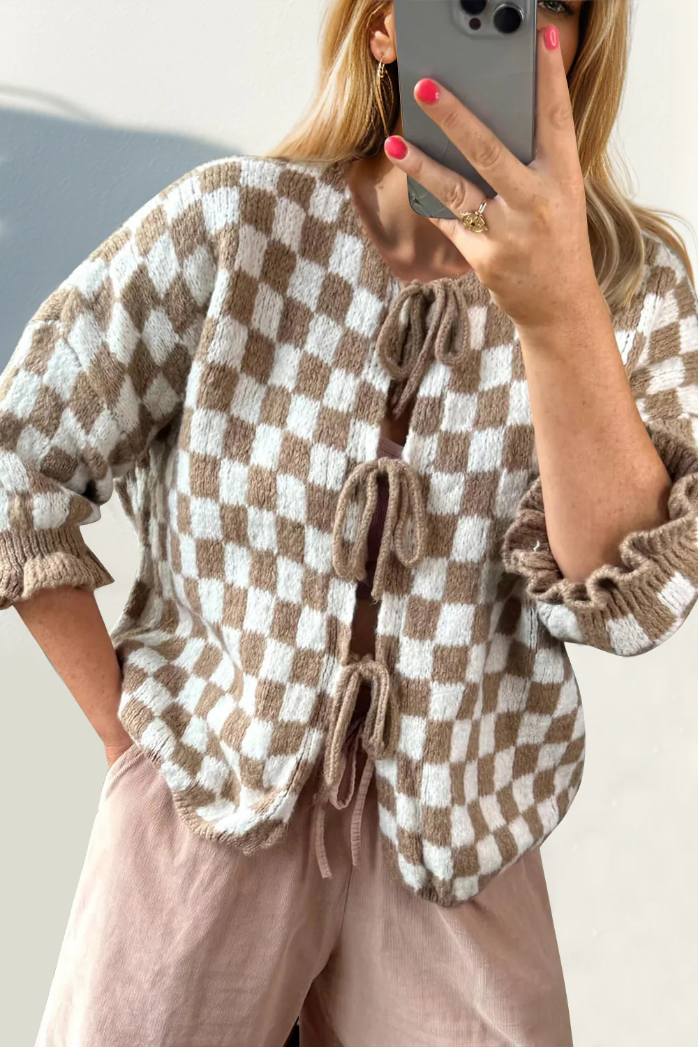 Double Take Tied Checkered Dropped Shoulder Flounce Sleeve Cardigan - Image 5