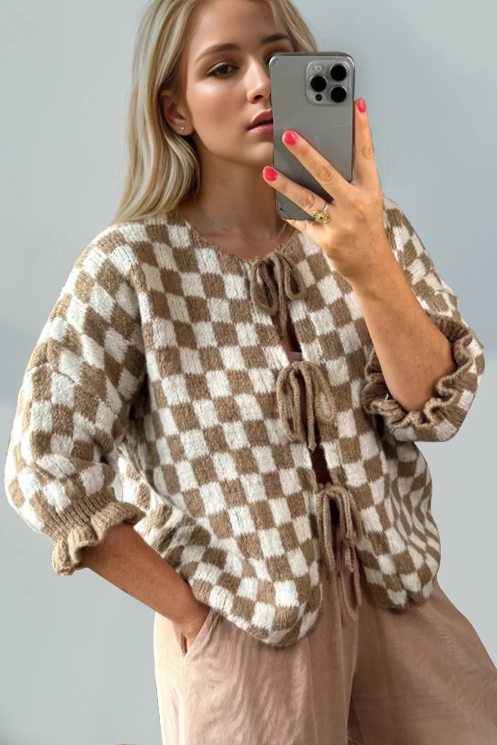 Double Take Tied Checkered Dropped Shoulder Flounce Sleeve Cardigan - Image 6