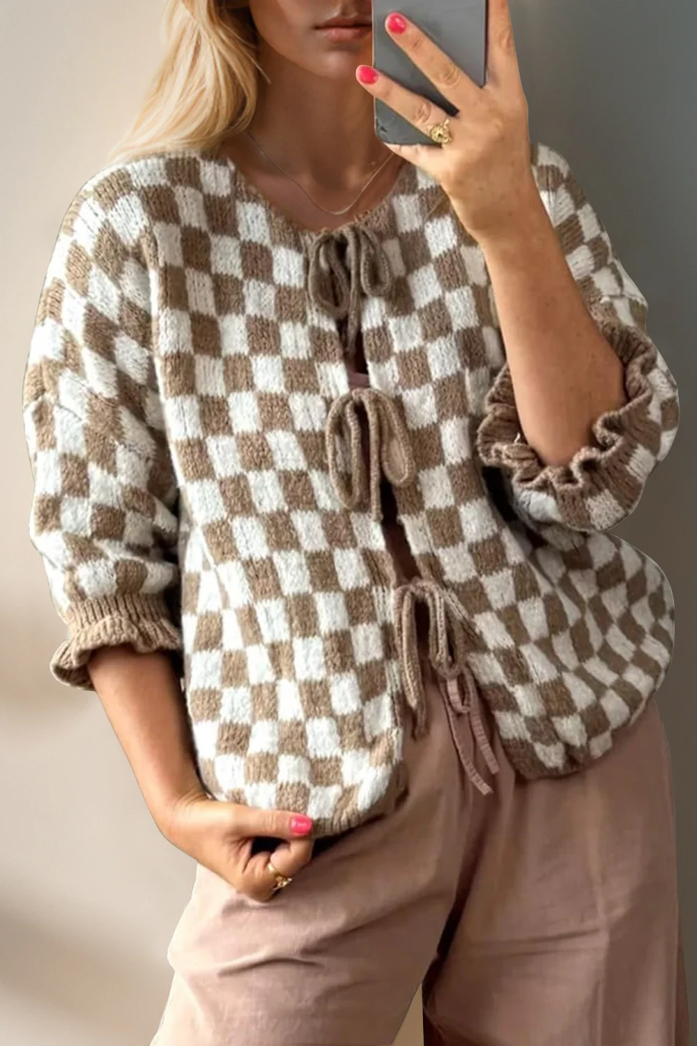 Double Take Tied Checkered Dropped Shoulder Flounce Sleeve Cardigan - Image 7