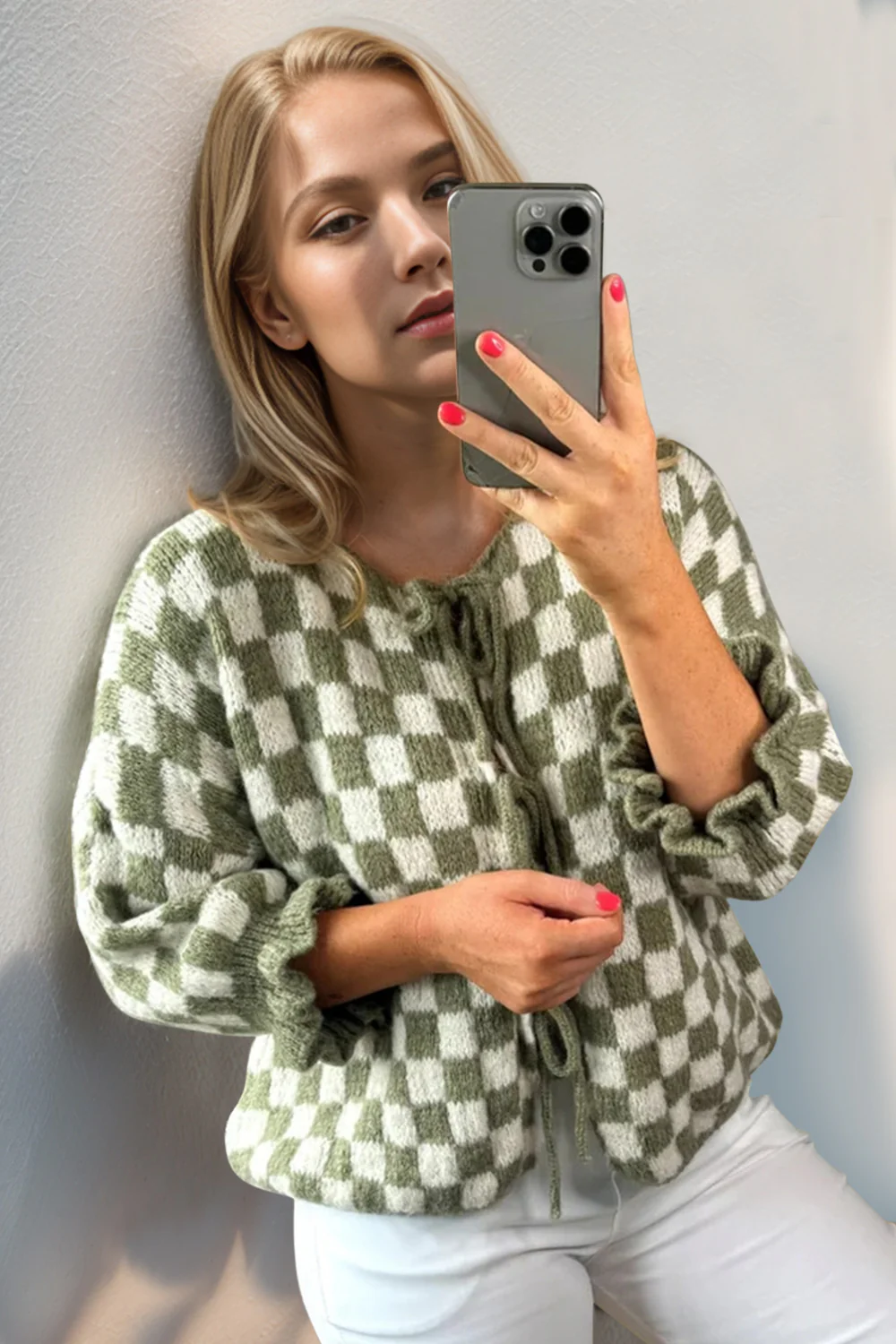 Double Take Tied Checkered Dropped Shoulder Flounce Sleeve Cardigan - Image 8