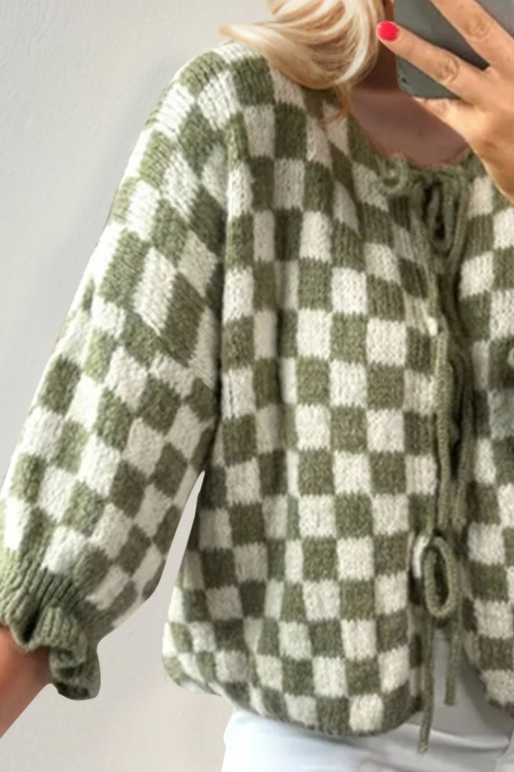 Double Take Tied Checkered Dropped Shoulder Flounce Sleeve Cardigan - Image 9