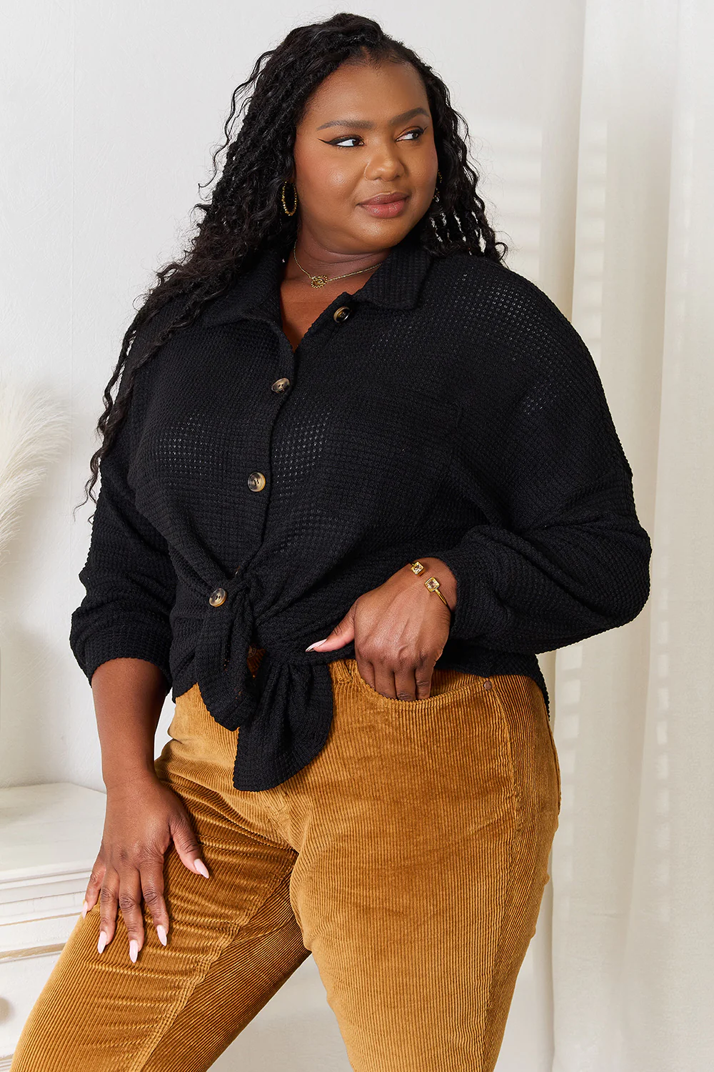 Double Take Waffle-Knit Collared Neck Dropped Shoulder Shirt - Image 6