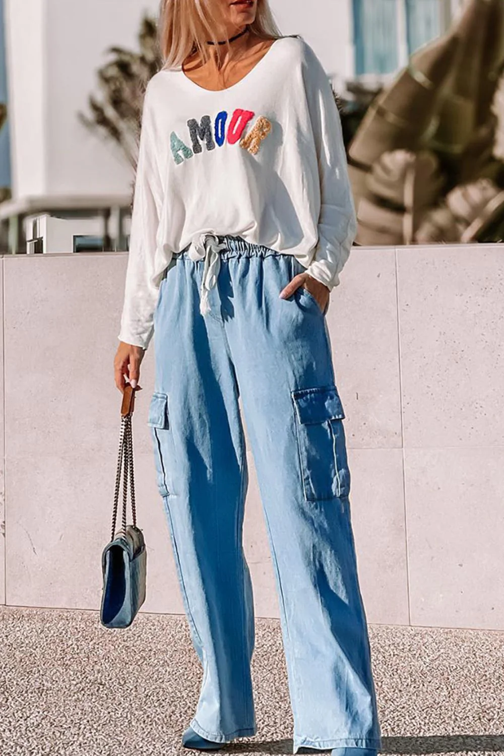 Drawstring Cargo Pocket Wide Leg Jeans - Image 2