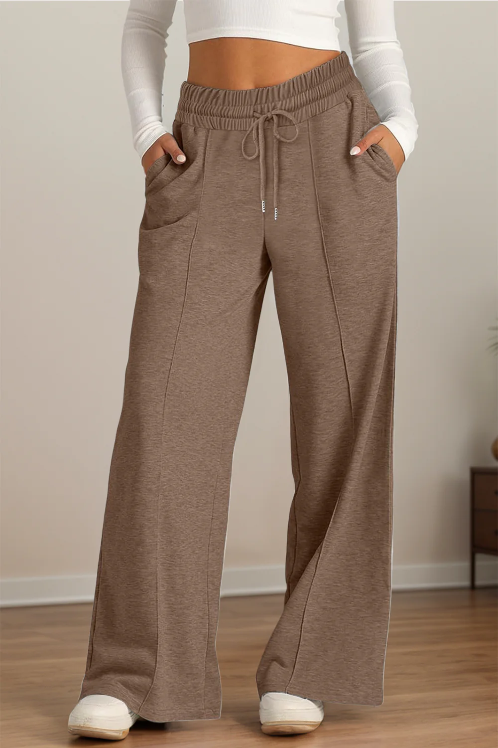 Drawstring Elastic Waist Wide Leg Pants - Image 31