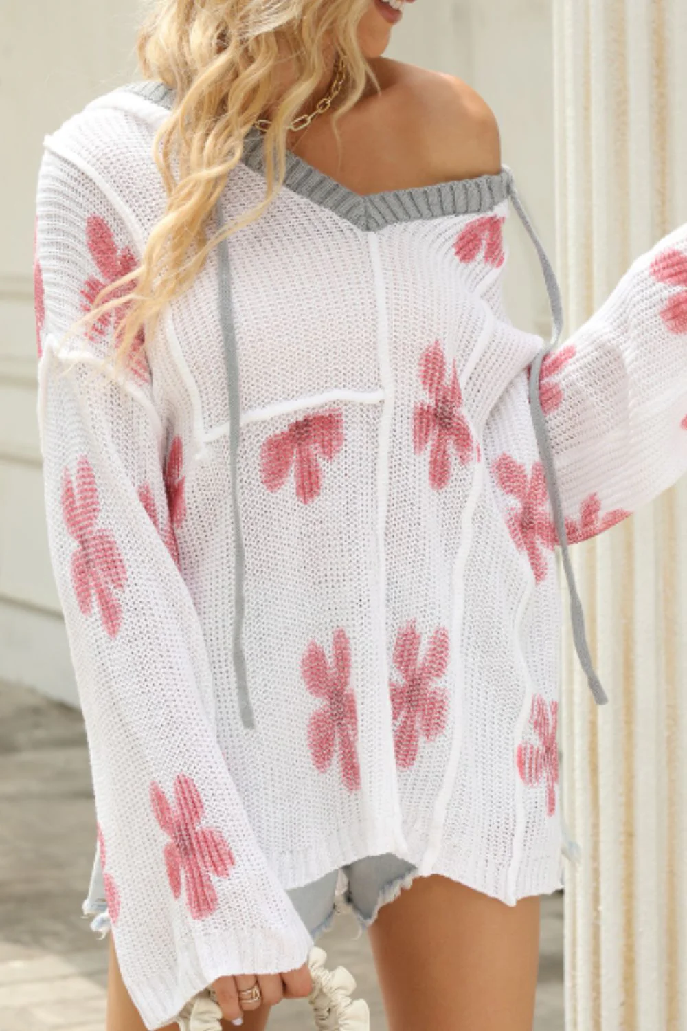 Drawstring Flower Hooded Knit Top - Image 3
