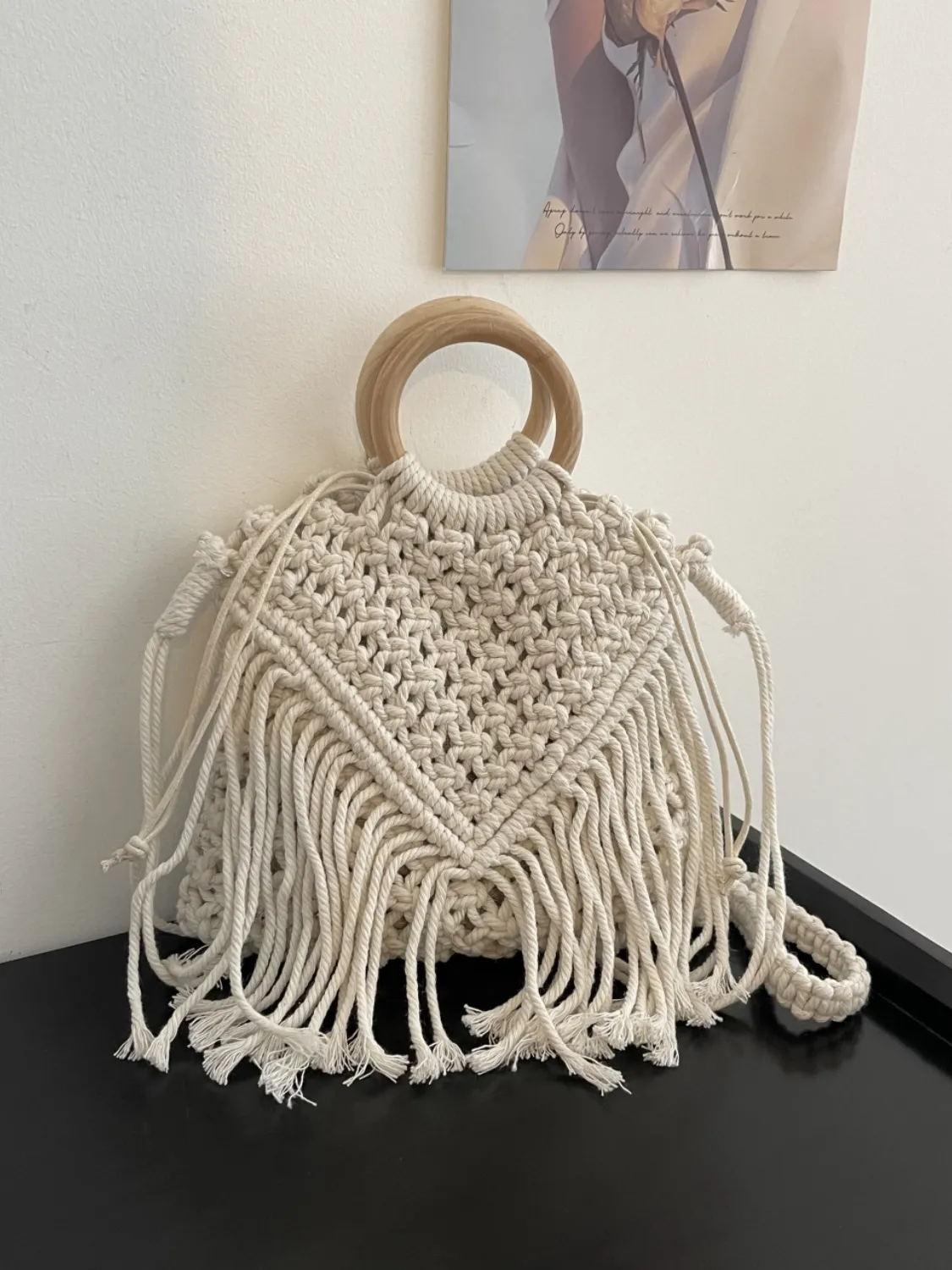Drawstring Fringe Crochet Bag - Image 4