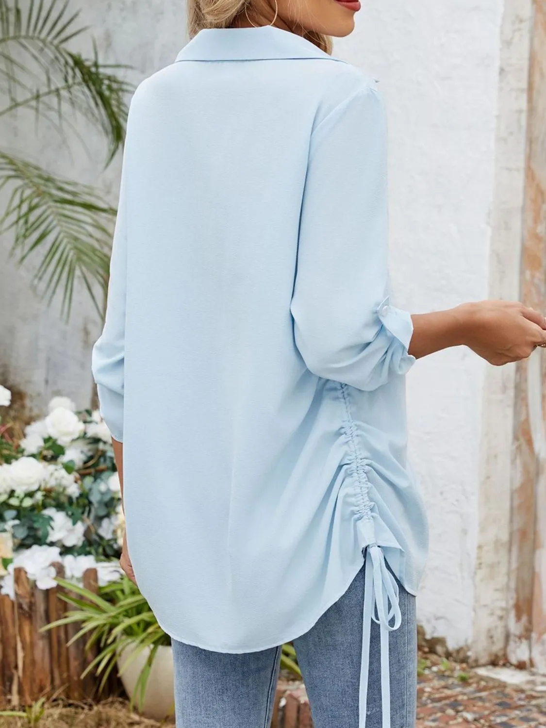 Drawstring Johnny Collared Three-Quarter Sleeve Top - Image 12