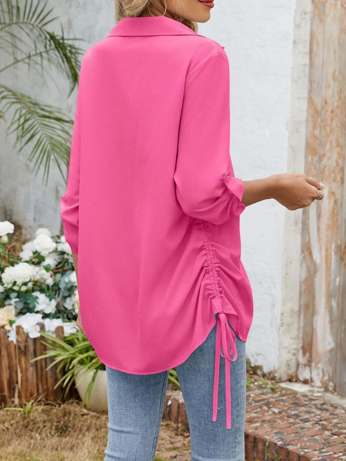 Drawstring Johnny Collared Three-Quarter Sleeve Top - Image 2