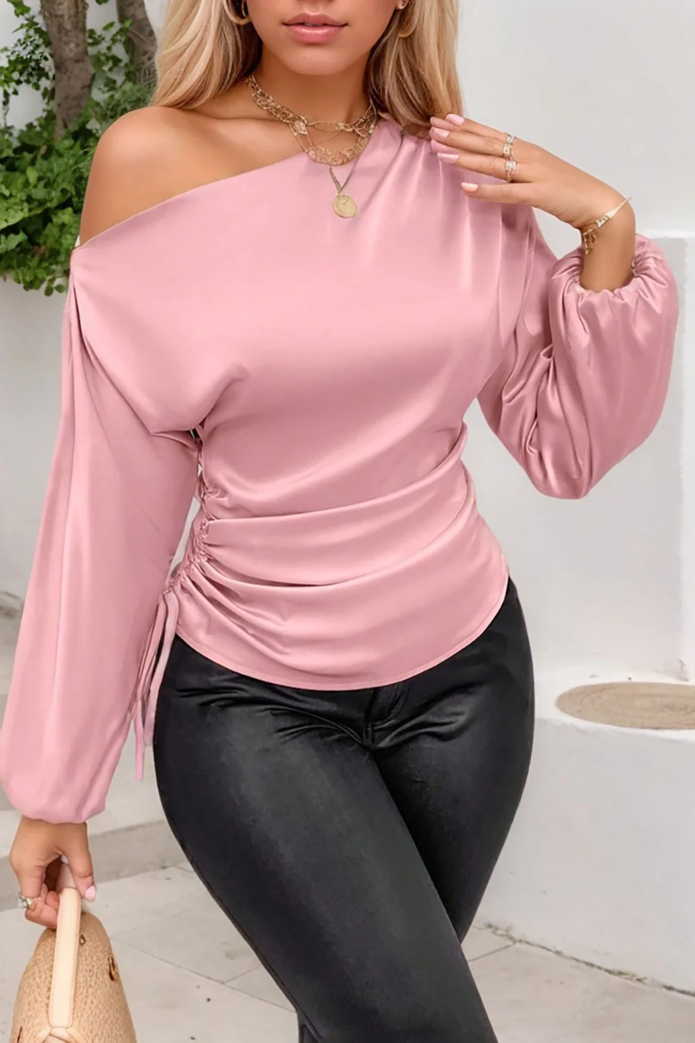 Drawstring One Shoulder Long Sleeve Blouse - Image 29
