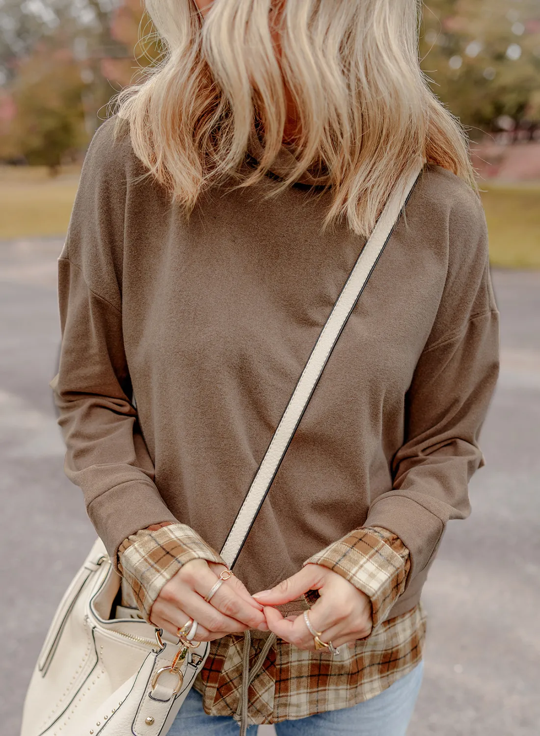 Drawstring Plaid Turtleneck Long Sleeve Top - Image 3