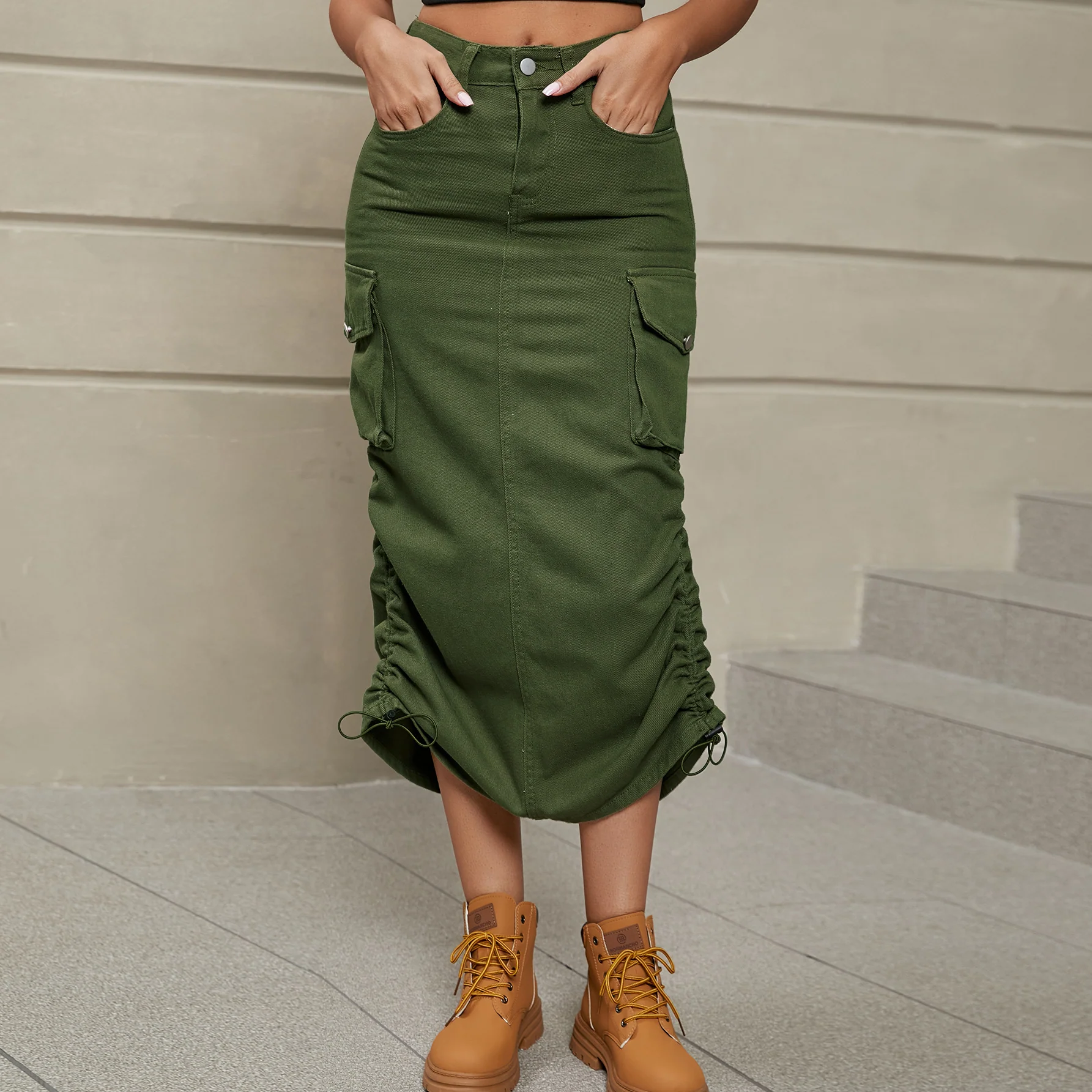 Drawstring Ruched Slit Denim Midi Skirt - Image 21
