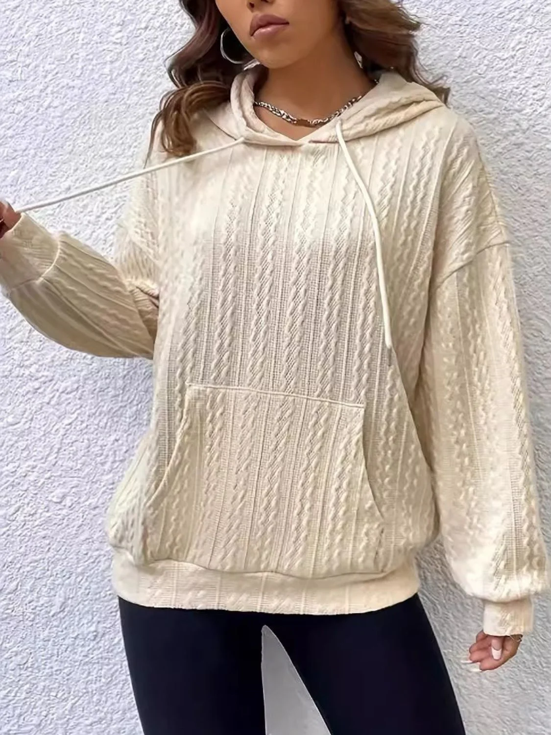Drawstring Texture Long Sleeve Hoodie - Image 3