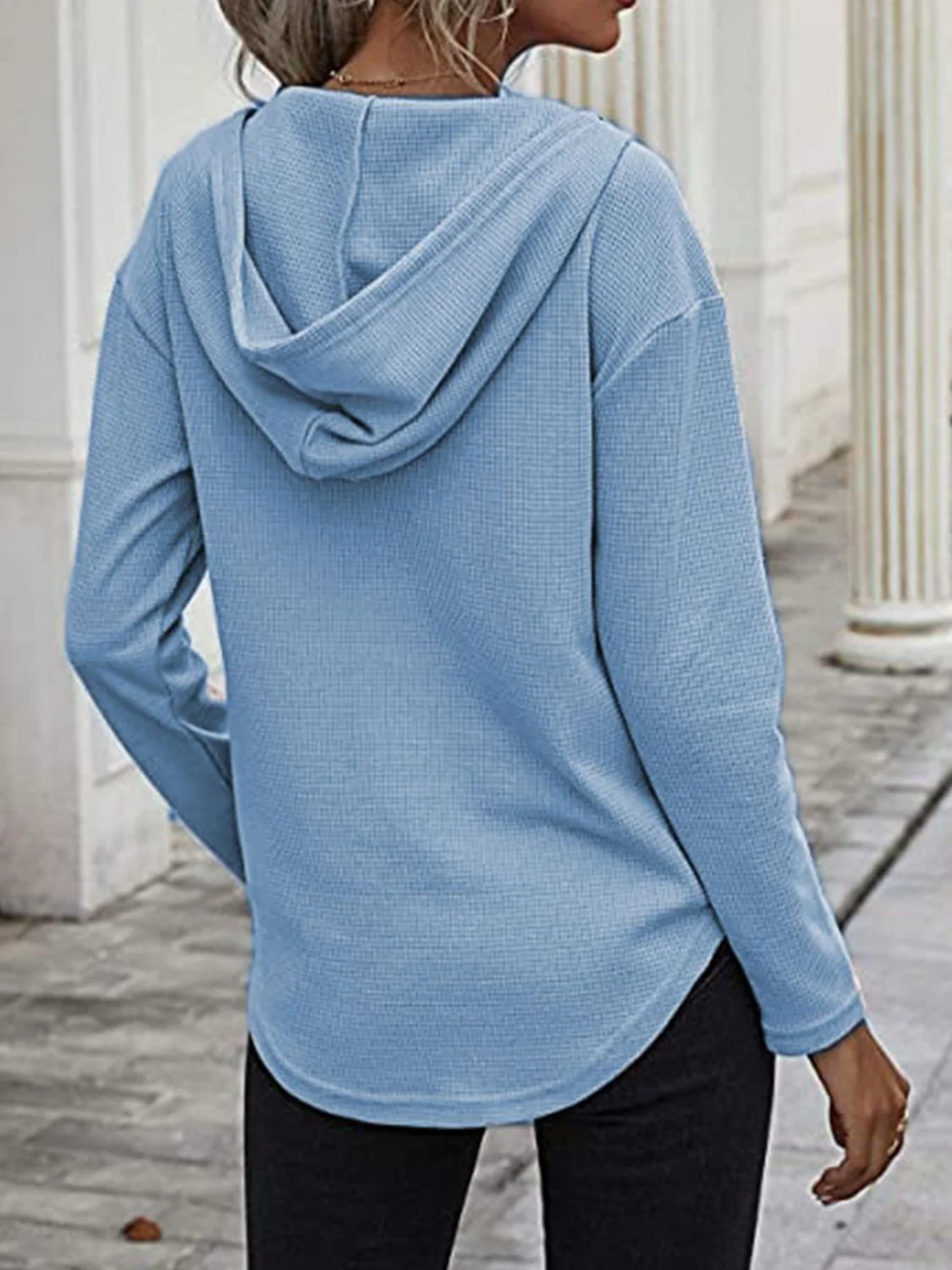 Drawstring Waffle Knit Long Sleeve Hooded Top - Image 33