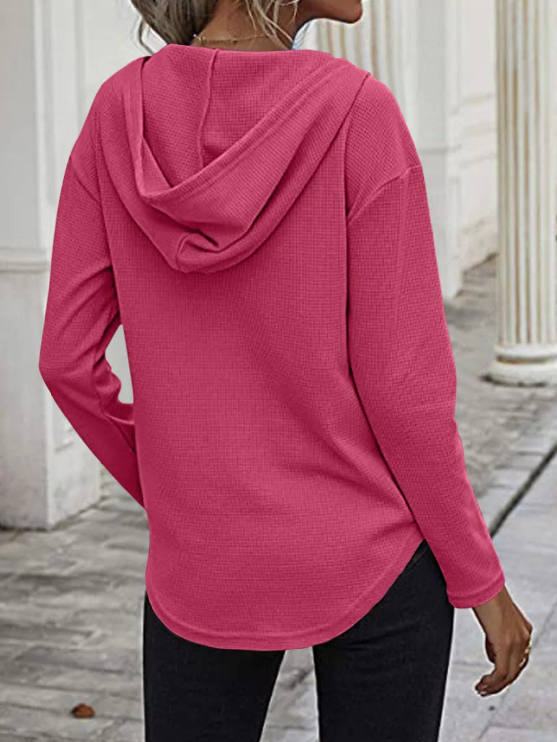 Drawstring Waffle Knit Long Sleeve Hooded Top - Image 36