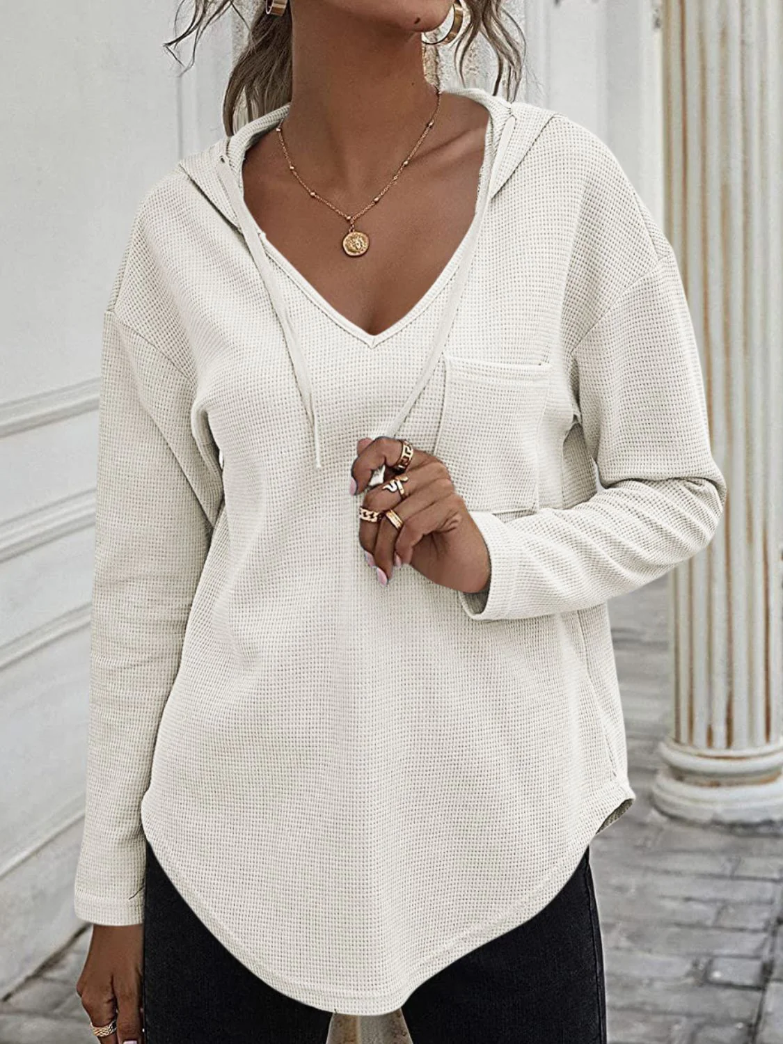 Drawstring Waffle Knit Long Sleeve Hooded Top - Image 8