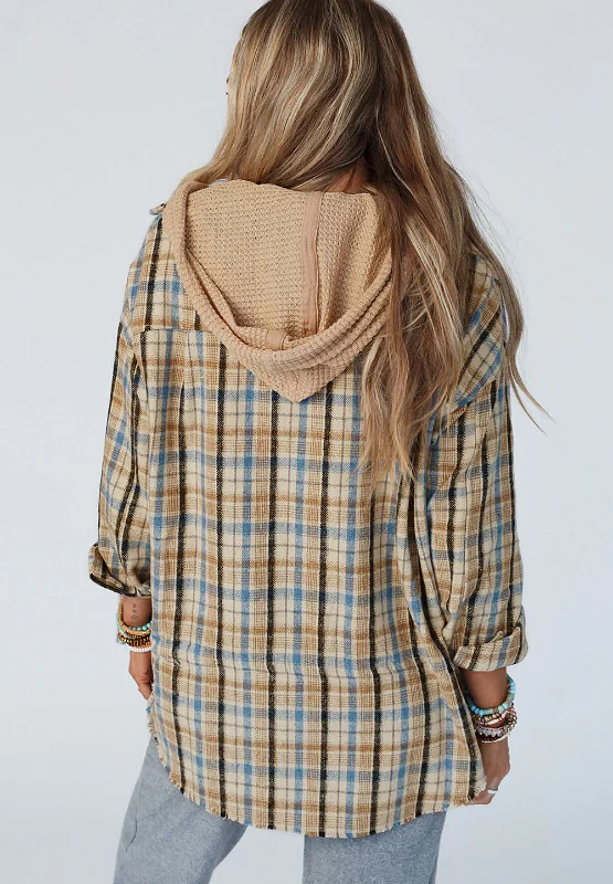 Drawstring Waffle Knit Patchwork Hooded Plaid Jackets - Image 3