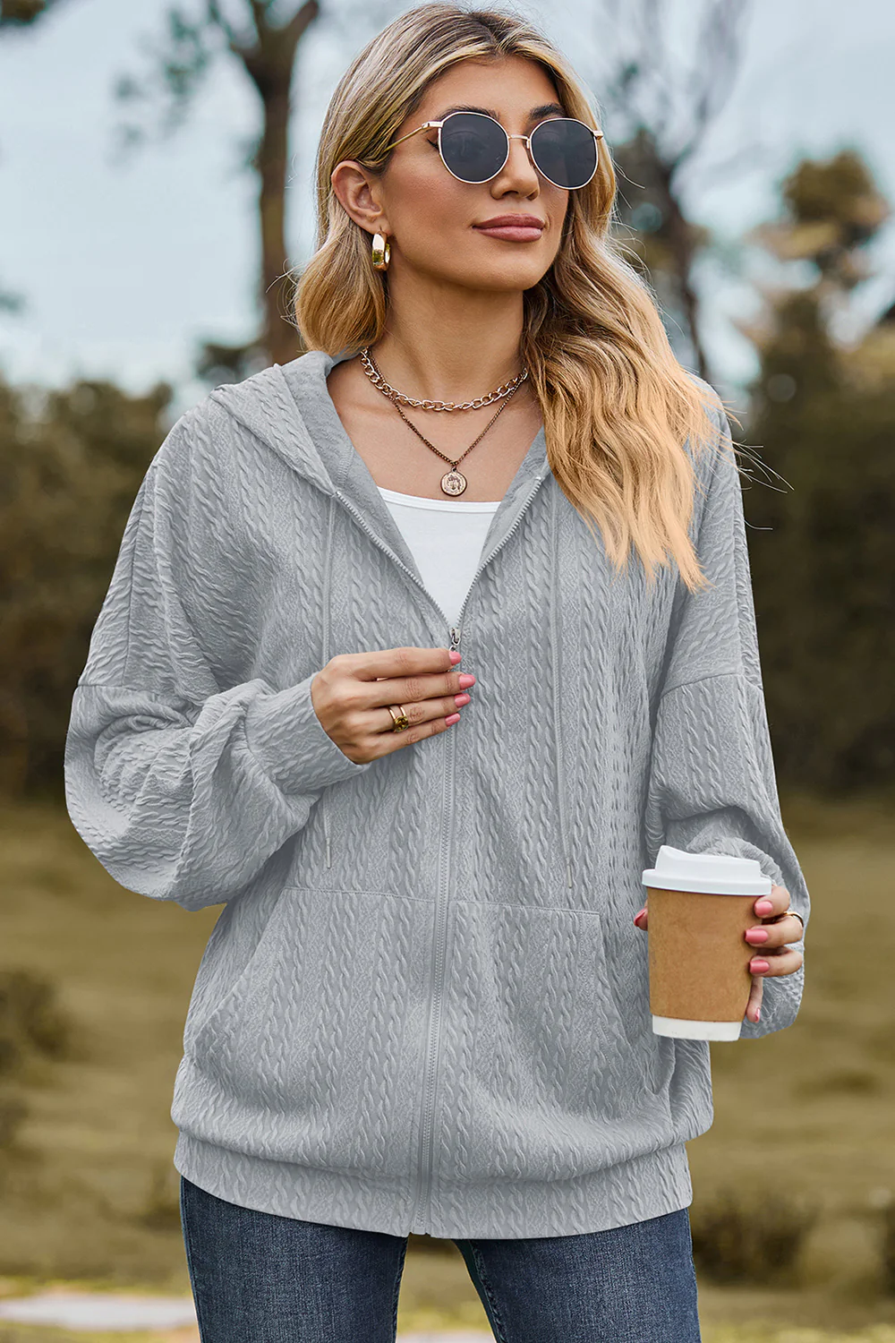Drawstring Zip Up Dropped Shoulder Hoodie - Image 10