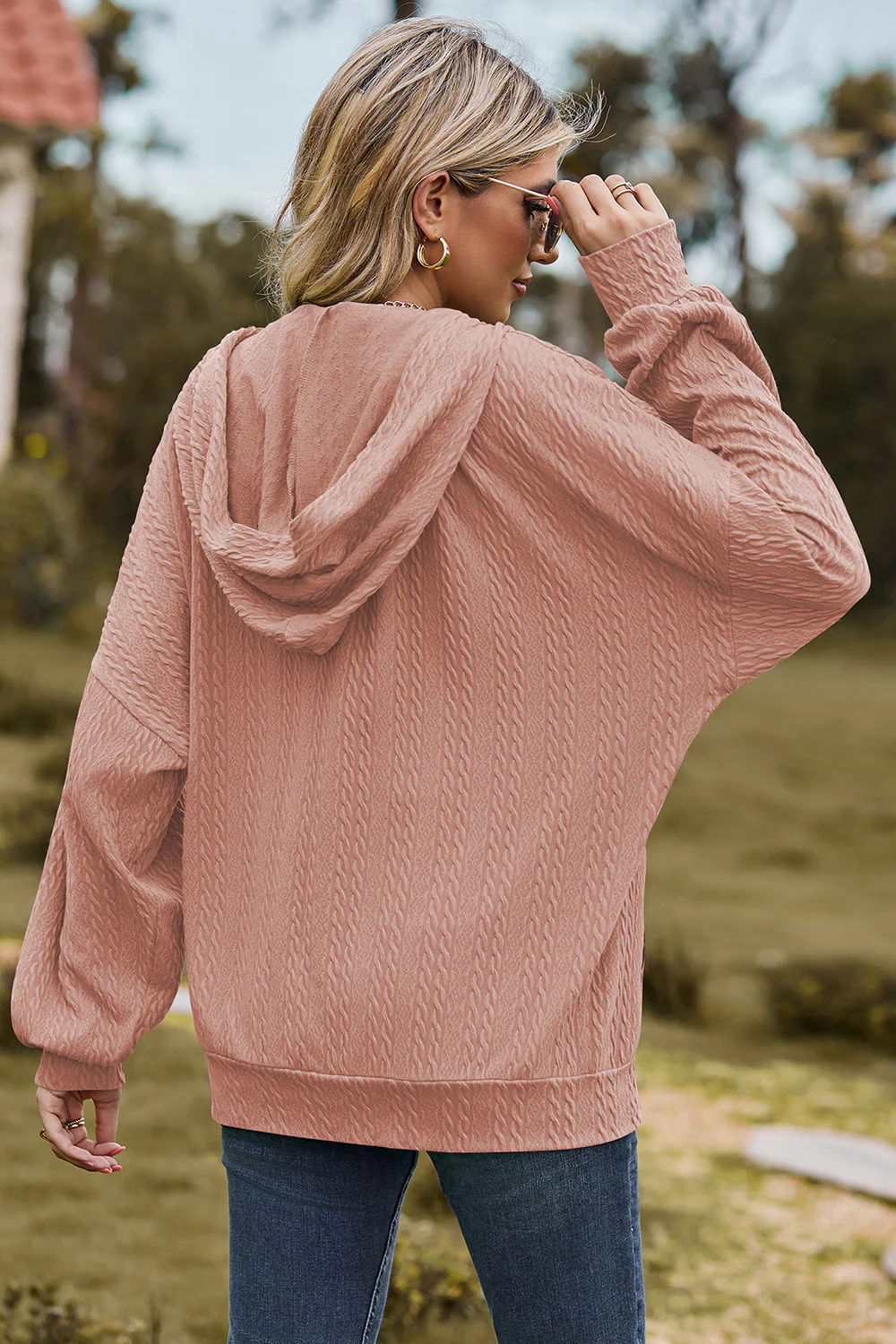 Drawstring Zip Up Dropped Shoulder Hoodie - Image 24