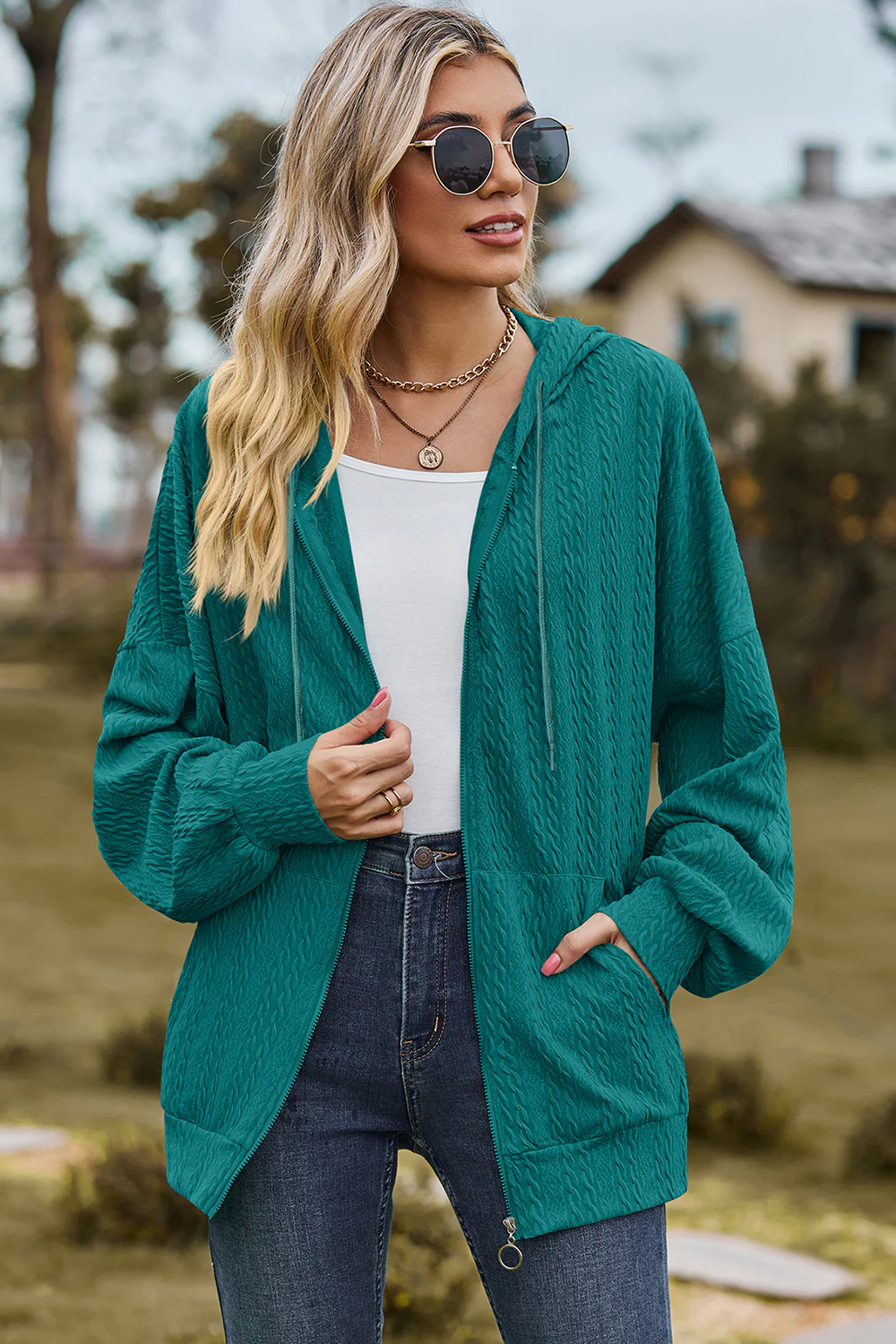 Drawstring Zip Up Dropped Shoulder Hoodie - Image 3