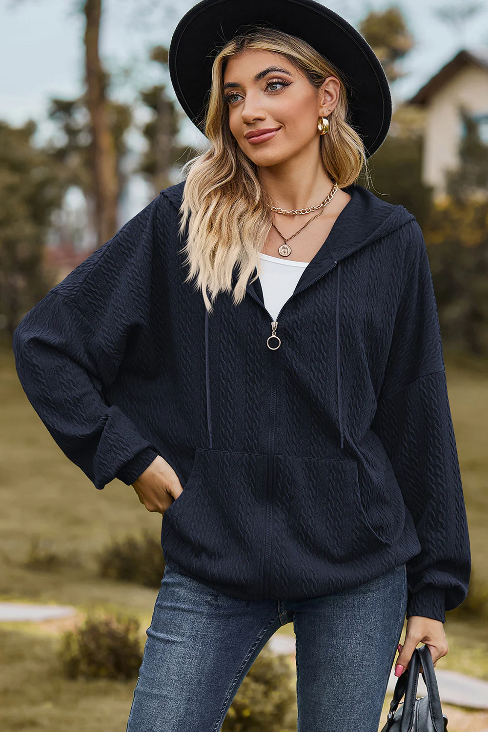 Drawstring Zip Up Dropped Shoulder Hoodie - Image 7