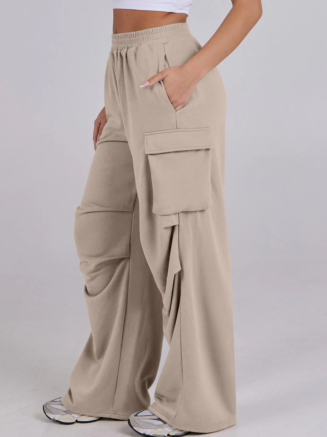 Elastic Waist Wide Leg Pants with Pockets - Image 17