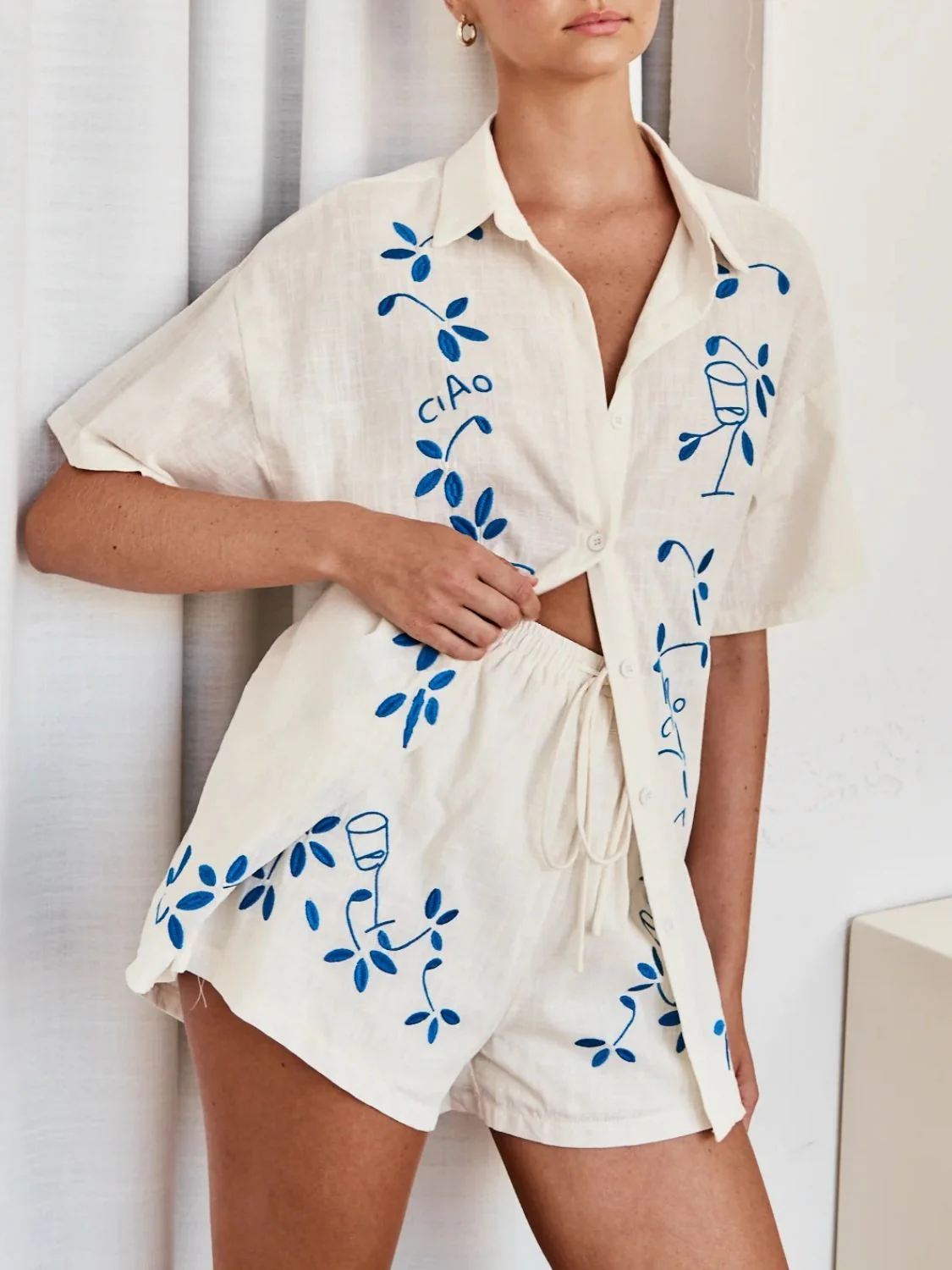 Embroidered Button Up Half Sleeve Top and Shorts Set - Image 5